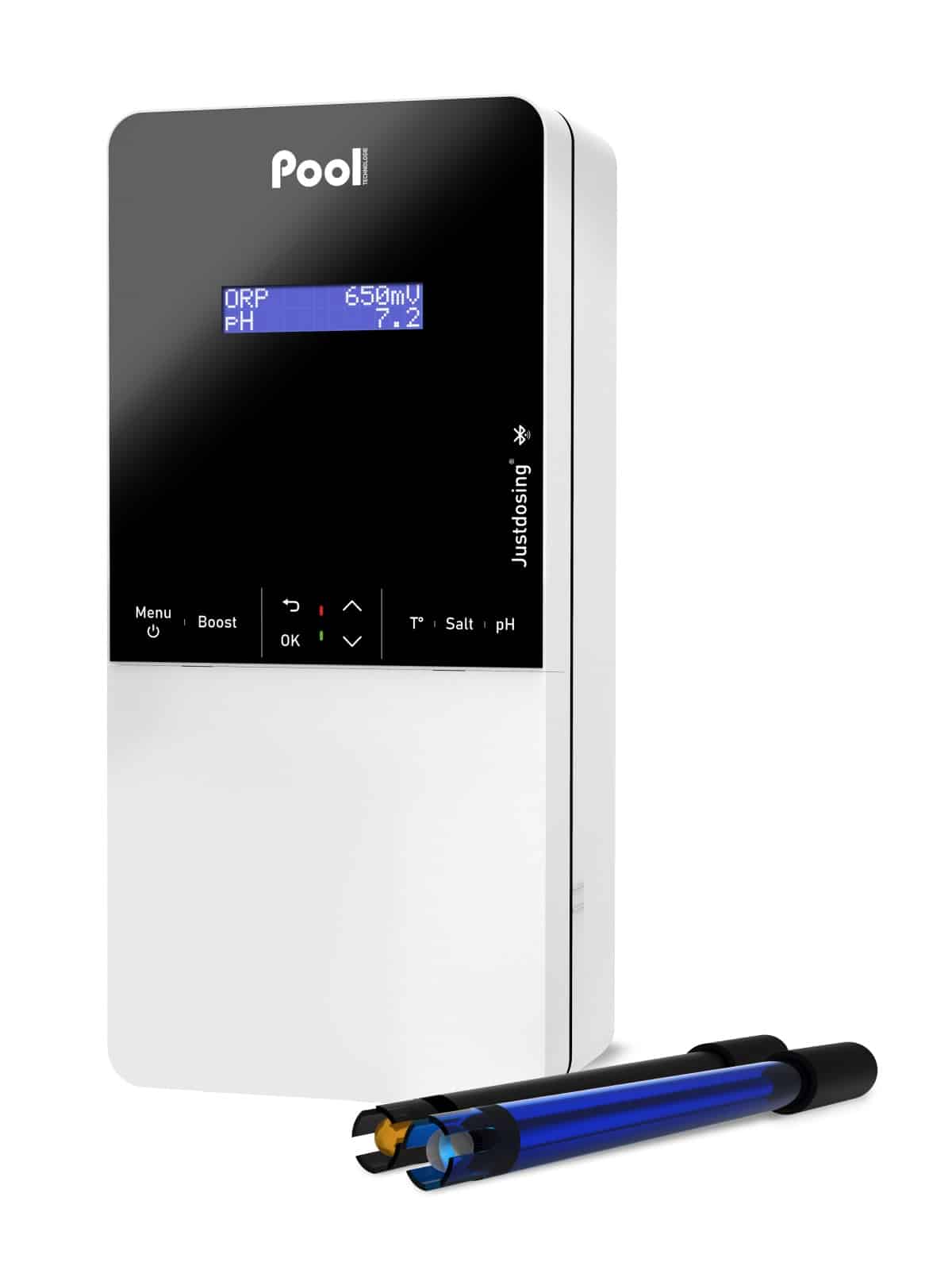 Contrôleur de dosage piscine Justdosing (Pool Technologie). L'écran affiche ORP 650mV et PH 7.2. Deux sondes de mesure sont au sol.