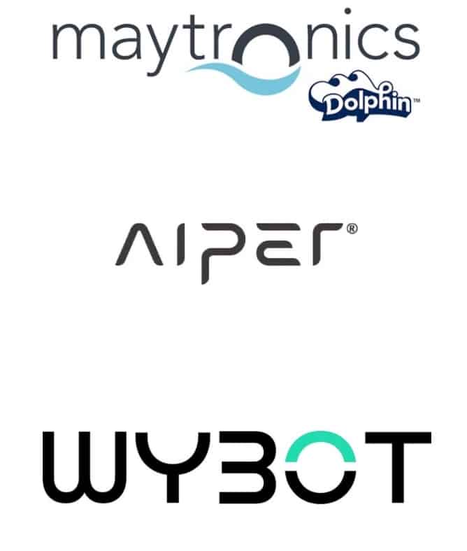 Logos de robots de piscine et d'extérieur : Maytronics Dolphin (vague bleue), AIPER et WYBOT (O bicolore vert et noir).