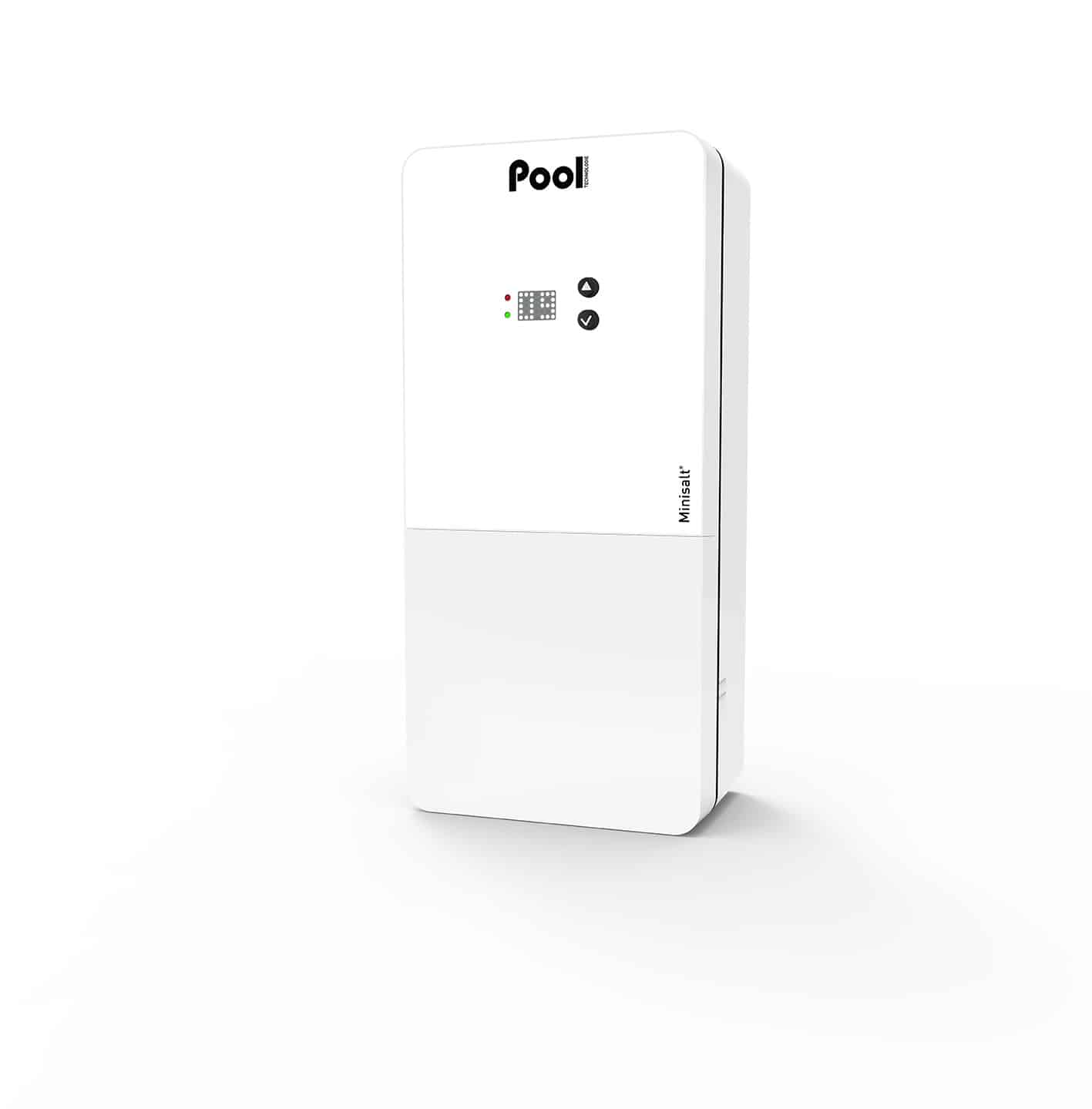 Contrôleur mural blanc Pool Minisalt pour piscine, doté d'un affichage LED, d'indicateurs de statut vert/rouge et de boutons de réglage.