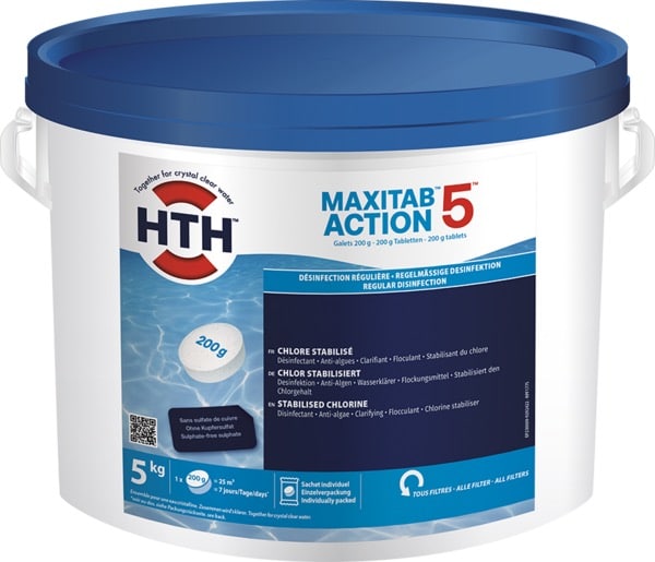 HTH MAXITAB ACTION 5, seau 5 kg de galets chlore stabilisé 200g. 5 actions (Désinfection, Anti-algues, Clarifiant). Pour eau cristalline.