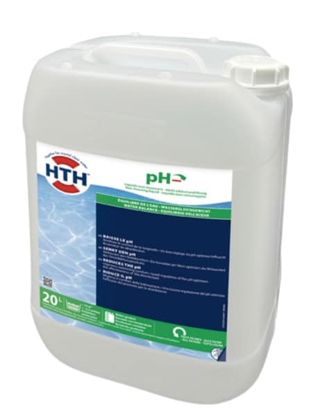 Bidon HTH pH Moins liquide non moussant. Régulateur 20% pour l'équilibre de l'eau, il baisse le pH de la piscine.
