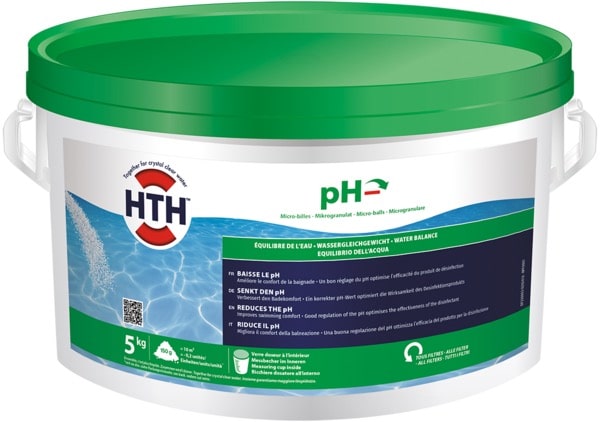 Seau HTH pH- 5kg (Micro-billes) à couvercle vert. Ce produit baisse le pH de l'eau (Water Balance) pour une eau limpide.